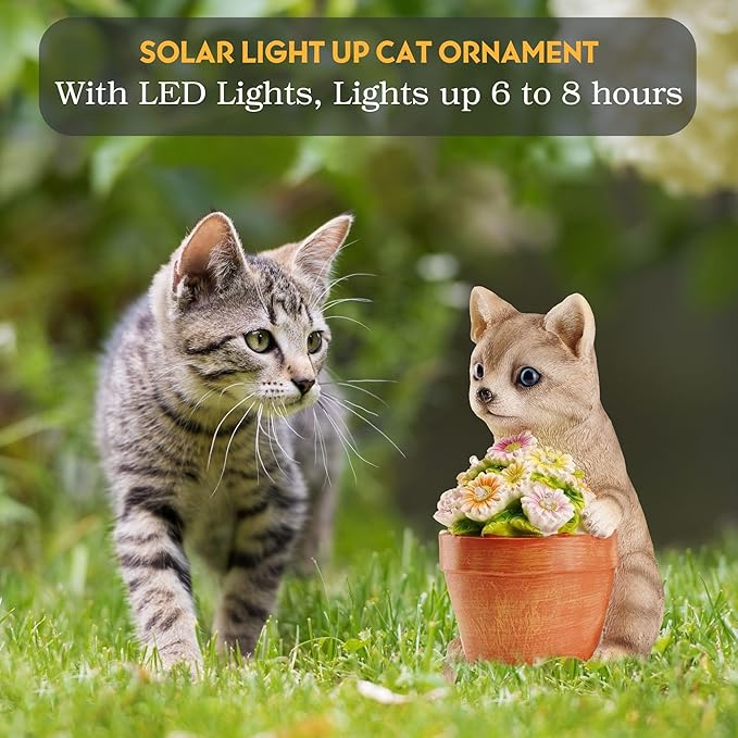 Muldale Cat Solar Light - Cat Garden Statue Outdoor - Solar Powered Cat Garden Decor for Outside - Hand Painted Floral Plant Pot Light Up Cat