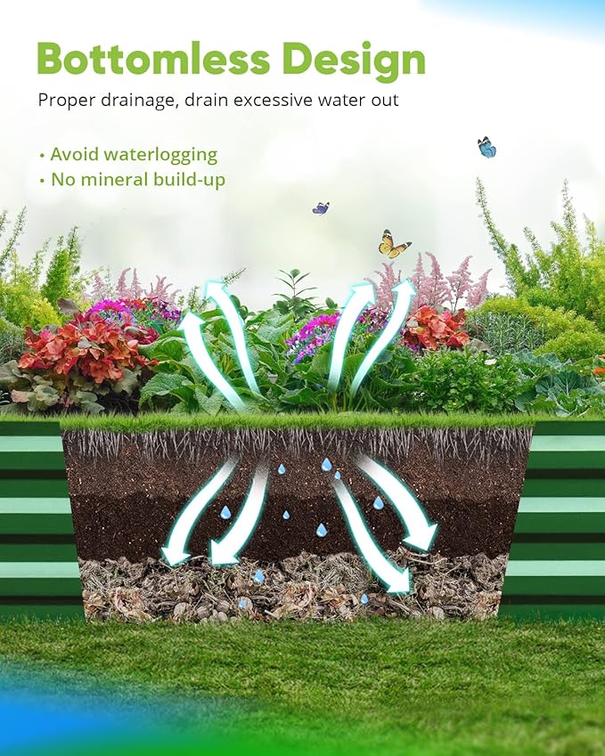 Quictent Galvanized Raised Garden Bed 8x4x1 Ft Metal Planter Box for Vegetables Bottomless for Backyard, 2 Tomato Cages Included, Green