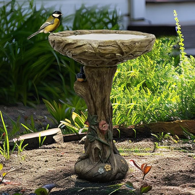 SKYFIRE 25.5” H Concrete Birdbaths for Outdoors -Large Woodland Tree Trunk Yard Statue Decoration，Vintage Birdbath with Bird Figurines Yard Statue for Garden, Patio, Lawn, Backyard