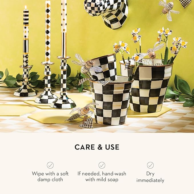 MACKENZIE-CHILDS Enamel Garden Pot, Planting Pot for Plants and Flowers, Small, Black-and-White Courtly Check