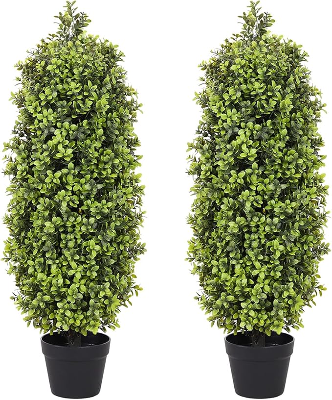 3ft Artificial Boxwood Topiary Trees (Set of 2) - UV Resistant Faux Plants for Outdoor/Indoor, Realistic 36in Fake Bushes and Shrubs for Front Porch, Planter, Patio - Low Maintenance & Evergreen