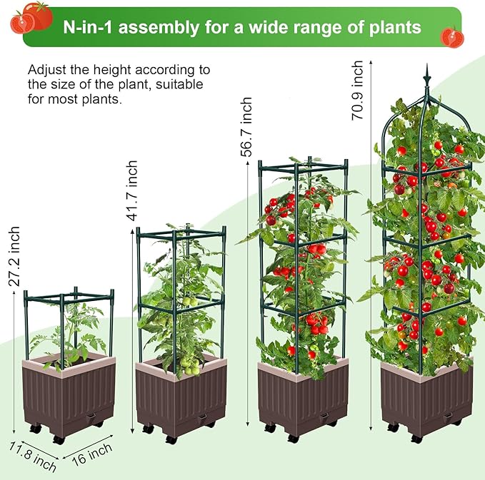 Raised Garden Bed Planter Boxes with Trellis,1pcs 70.9"Self-Watering Tomato Planter Boxes with Trellis for Climbing Vegetables Plants Flowers Tomato with Wheels,Use for Indoor Outdoor (Brown)