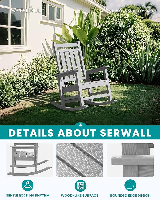 SEWALL HDPE Rocking Chair, Oversized Outdoor Rocking Chair for Adults, Patio Rocker for Porch, Sliver Gray