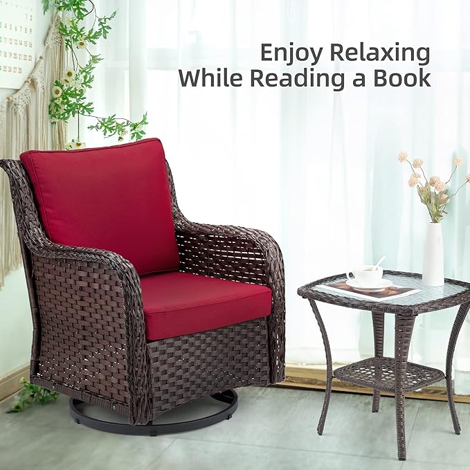 Towallmark Outdoor Swivel Wicker Glider Patio Chairs with Table Set, 3 Pieces Outdoor Bistro Set with 4”Thick Cushions and Coffee Table for Porch, Balcony, Deck (Red)