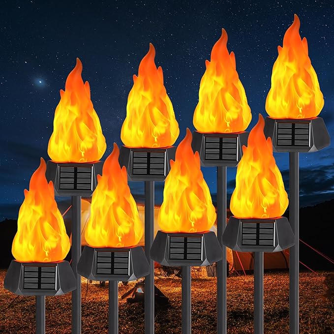 Toodour Solar Outdoor Torch Lights with Flickering Flame, Solar Pathway Decorative Lights, Waterproof LED Flame Torches for Outdoor Camping Garden Landscape Patio Path Yard Decorations - 8 Pack