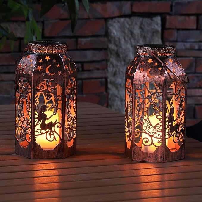 Solar Lanterns Outdoor Garden Hanging Lantern Waterproof LED Metal Bronze Moon Fairy Lantern Waterproof Flickering Flameless Candle Mission Lights for Table,Patio,Mother's Day Gift(2Pack)