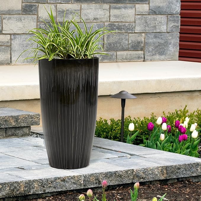 Worth Garden 23.5" H. Large Plastic Planters - Set of 2 Gradient Black Glossy Smooth Finish - Tall Plant Pots for Indoor & Outdoor Use - Decorative Lightweight Flower Pots for Front Porch, Patio, Deck