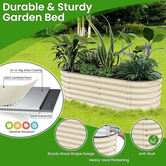 Raised Garden Bed 5x2x1.4 Ft Planter Box Outdoor with Rubber Edge Zinc-Aluminum-Magnesium Stainless Steel Durable Metal Garden Beds Kit for Vegetables, Flowers, Herbs and Succulents, Ivory