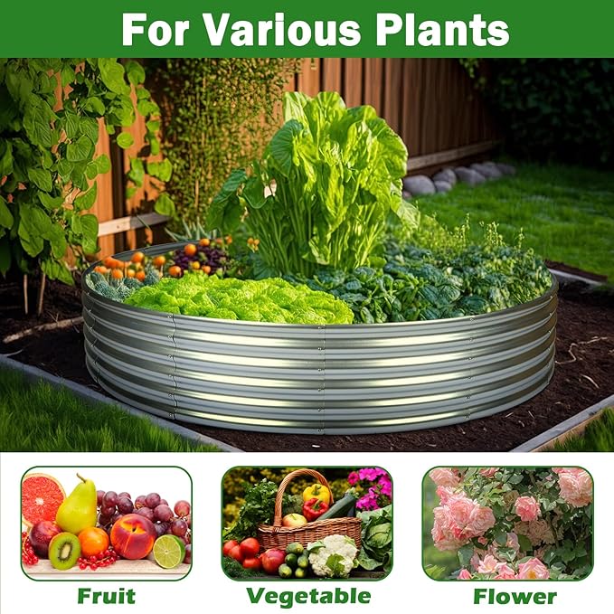 OUSHENG 4x4x1ft Round Galvanized Raised Garden Beds Outdoor, Steel Fire Pit Ring Flower Planter Large Metal Above Ground Boxes Kit for Gardening Vegetables Outside