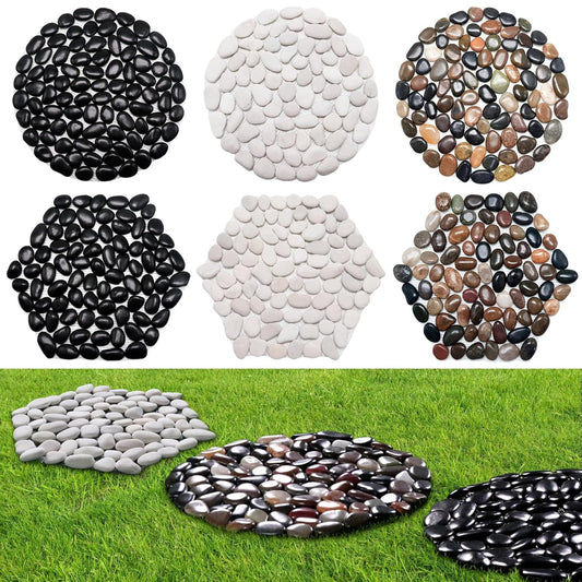 10in River Rock Stepping Stones Set - 6 Pack | Polished Pebble | Long-Lasting PVC Mesh Backing | Perfect for Garden Paths and Lawns Outdoor Landscaping Decoration | Rhombus and Round Set