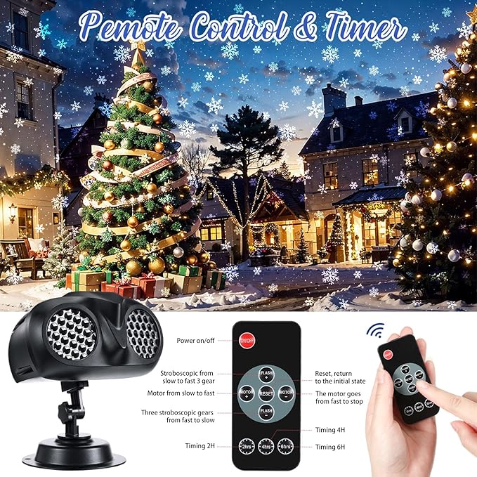 4 Pcs Christmas Snowflake Projector Lights Outdoor Waterproof Highlight Rotating LED Snow Lights with Remote Control for Xmas Holiday Party Garden Landscape Home Decoration