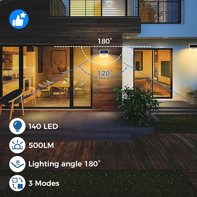 Peasur Solar Lights Outdoor Motion Sensor Waterproof, 6Pack 140LED White Solar Powered Fence Lights, 3 Modes Security Wall Lights for Garden Yard Outside Warm