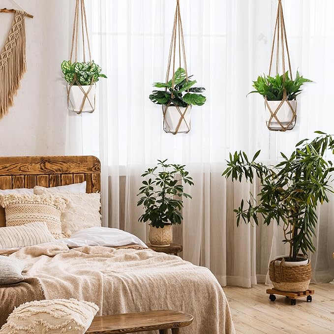 YIBOT 3 Pack Macrame Plant Hanger Indoor Hanging Planter Basket with 3 Hooks, 35"/29"/23" Hang Flower Pot Plant Holder for Indoor Outdoor Decorations, Brown (POTS NOT Included)