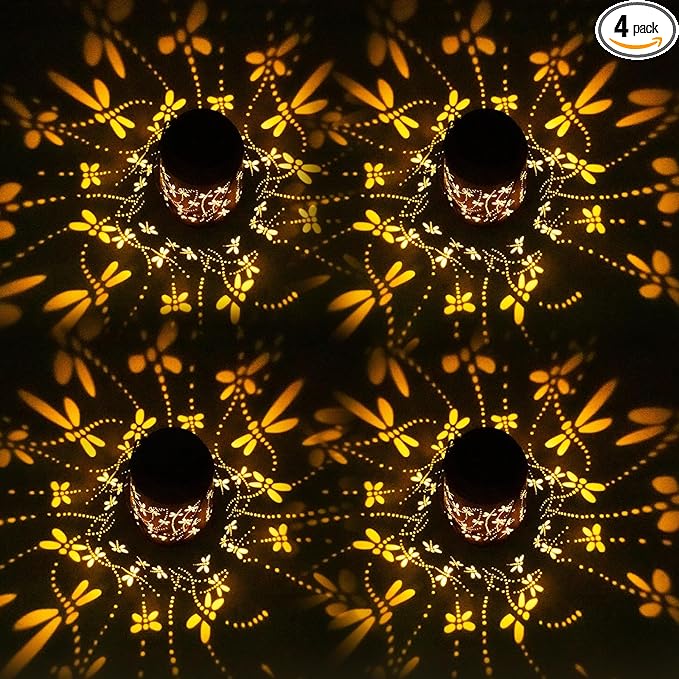 Mothers Day Gifts, 4 Packs Solar Lanterns Outdoor Hanging Lantern Lights, 4 Dragonfly Hollowed-Out Metal Decor Lantern, Waterproof LED Decorative Garden Light Gifts