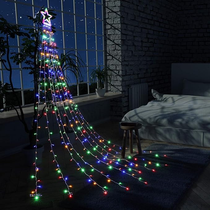 Toodour Christmas Decorations Outdoor Star Lights, 317 LED 10ft X 9 Waterfall Tree Lights with 12" Topper Star, 8 Lighting Modes Outside Christmas Lights for Yard Garden Holiday Decor (Multicolor)