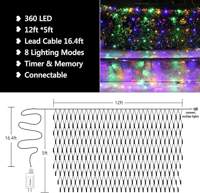 LYHOPE 12ft x 5ft 360 LED Christmas Net Lights, 8 Modes Low Voltage Green Wire Mesh Christmas Decorations Lights for Xmas Trees, Bushes, Wedding, Garden, Outdoor, Indoor Decor (Multicolor)