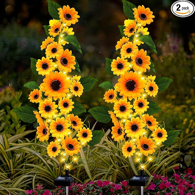 Solar Garden Lights Outdoor, 2 Pack Sunflower Lights with 46 Lifelike Sunflower, Waterproof 90 Bright LED Fall Garden Decor Solar Flowers for Patio Flowerbed Yard, Gift for Mom
