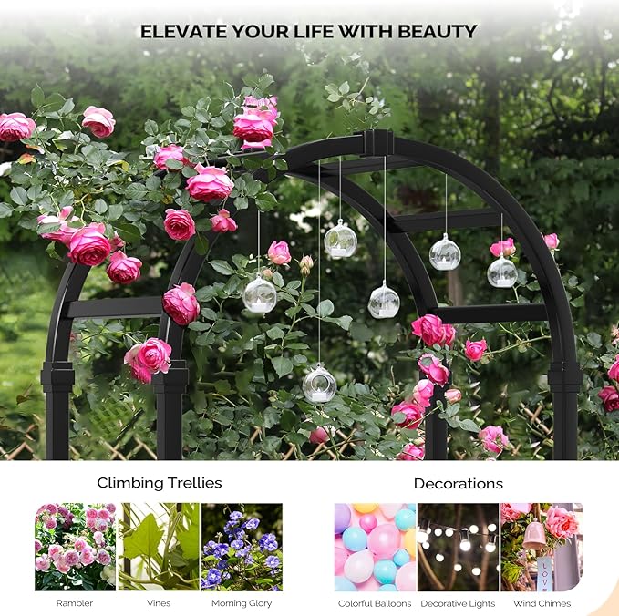 VINGLI Vinyl Garden Arbor, PVC Wedding Arch for Ceremony Party, Garden Trellis for Climbing Plants Outdoor, Arch Backdrop Stand for Garden, Backyard, Lawn (Black)