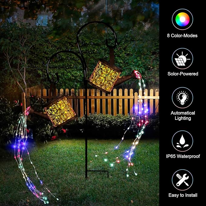 MEREAR Solar Watering Can Lights Outdoor with 8 Multi-Color Changing Modes, IP65 Waterproof Landscape Light Garden Decor, One Pole Two Lights Outside Decorations for Lawn, Backyard, Patio, Chrismas