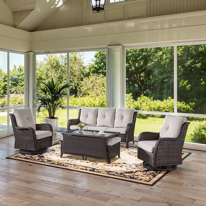 Wicker Outdoor Furniture Patio Furniture Set - 6 Piece Patio Conversation Set with Swivel Rocker Chairs, Rattan Sofa, Ottomans and Coffee Table, Beige Cushion