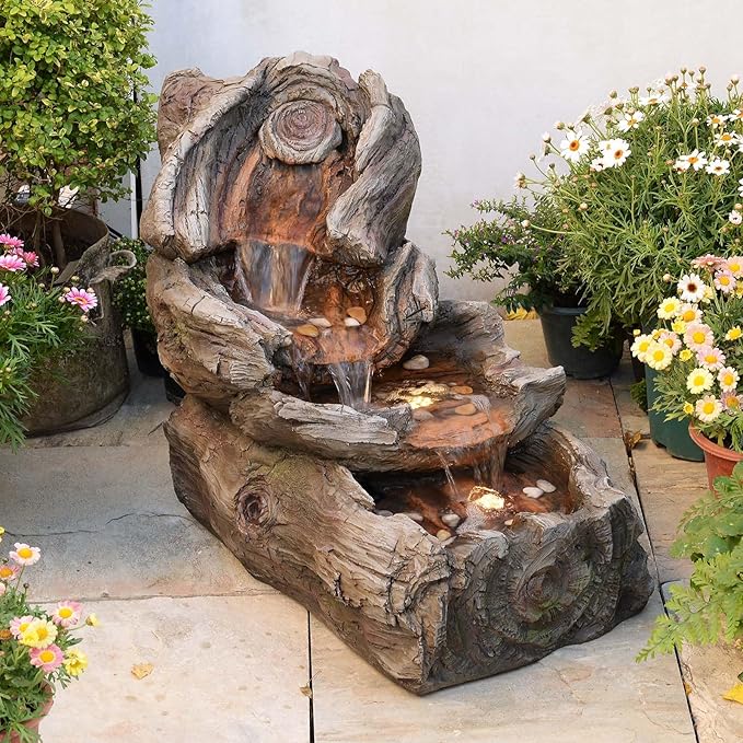 31.5" L Garden Water Fountain Outdoor, Artifical Imitation Wood Outdoor Water Fountain Natural Waterfall with LED Lights for Patio,Porch,Backyard,Home Art Decor（Resin）