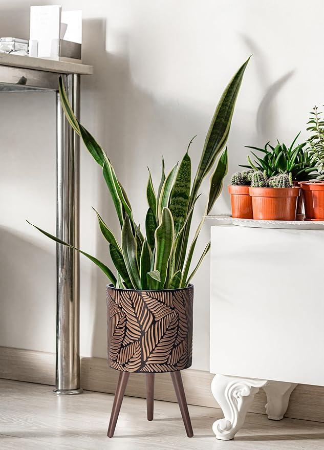 D'vine Dev 12 Inch Planter Pot with Stand, Mid-Century Tall Plant Pot with Legs for Indoor Plants, Large, Bronze/Grey, 88-L-C-6