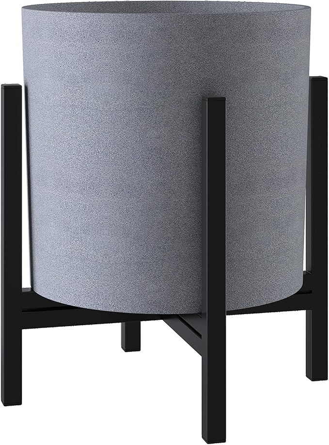 FaithLand Plant Pot 10 inch - Perfectly Fits Mid-Century Modern Plant Stand - Drainage Plug and Drainage Mesh Screen - Gray Planter Pot