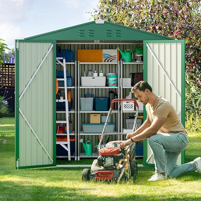 Gizoon Outdoor Storage Shed 6 x 4 FT, Galvanized Metal Garden Shed with Double Lockable Doors, Outdoor Storage Clearance for Backyard Patio Lawn-Green