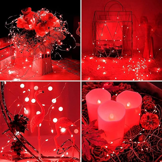 JMEXSUSS 4 Pack Red Solar Fairy Lights, Total 400 LED 132FT Red Solar Lights Outdoor Waterproof, 8 Modes Copper Wire Solar String Lights for Outside Patio Christmas Valentine Day Decorations