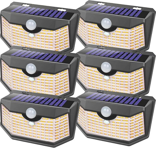 HMCITY 120 LED Outdoor Solar Lights- with Motion Sensor and 3 Lighting Modes, IP65 Waterproof Wide Solar Wall Lights Ideal for Garden Patio Yard (Front Button 6Packs, Warm White)