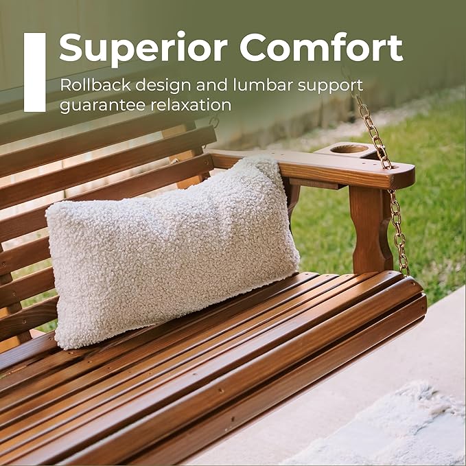 Amish Casual 6 Foot Roll Back Porch Swing with Cup Holders in Unfinished - Amish Made in The USA from Treated Pine Heavy Duty 700 Lb. Weight Capacity