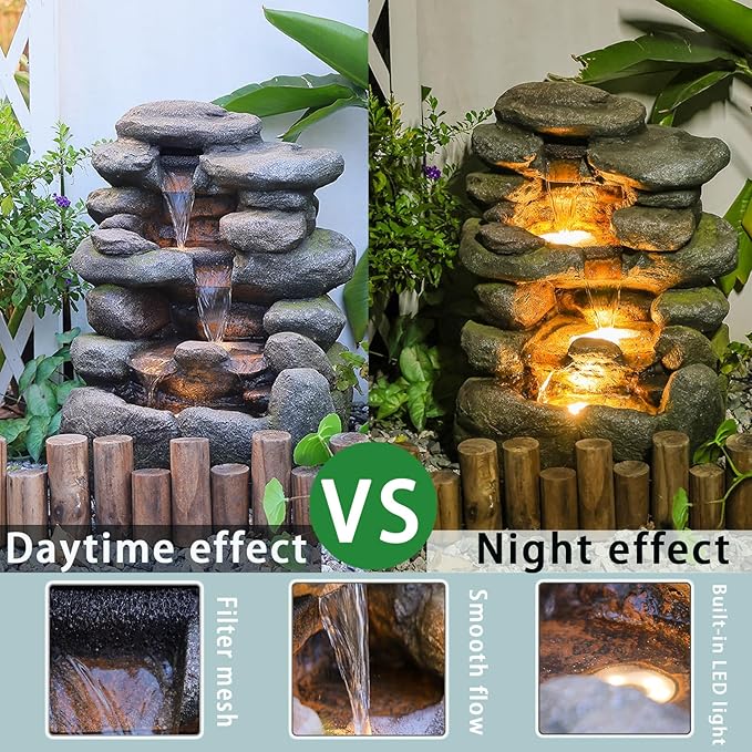 4-Tier Rock Water Fountain Outdoor Waterfall Garden Decor, 23.4" Cascading Waterfall With LED Lights for Patio, Lawn, Backyard, and Home, Faux Stone Design