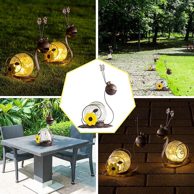 Solar Snail Garden Lights - 2 Pack Cracked Glass, Warm White Metal, Waterproof for Patio Yard Lawn