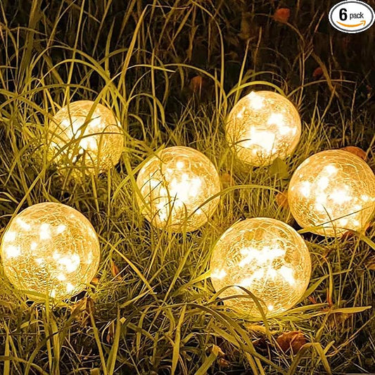 Solar Garden Lights Outdoor Waterproof, 6 Pack LEDs Cracked Glass Ball Light, Ground Landscape Garden Decor, Solar Globe Decorative for Pathway/Patio/Lawn/Yard (Warm White, 3.9")