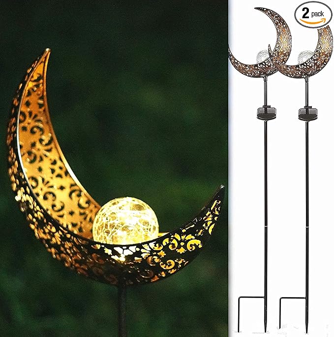 SunKite 2 Pack Garden Solar Light Outdoor Metal Moon Shape Lamp with Waterproof Crackle Glass Globe for Garden,Lawn,Patio,Pathway or Courtyard
