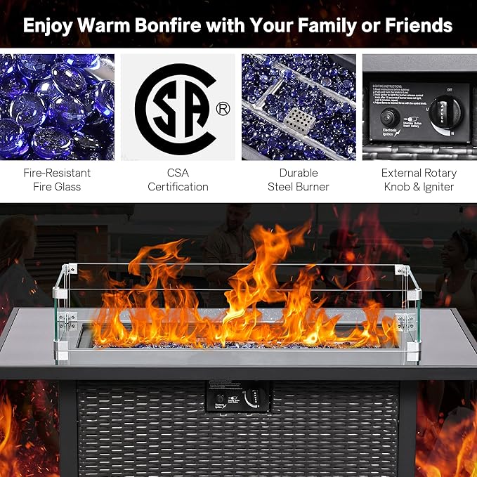 5 Piece Patio Furniture Set with 43" Propane Fire Pit Table, Outdoor Wicker Conversation Set, Rattan Modern Sectional Sofa Couch with Coffee Table for Backyard Porch Garden Poolside, Black-Grey