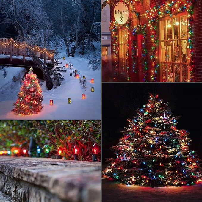 C9 Bulb String Lights Outdoor 100 Feet Multicolored Christmas Lights Green Wire for Outdoor Patio Room Christmas Tree Party Backyard Xmas Decoration, E17 Base, 100+4 Bulbs, Not Connectable