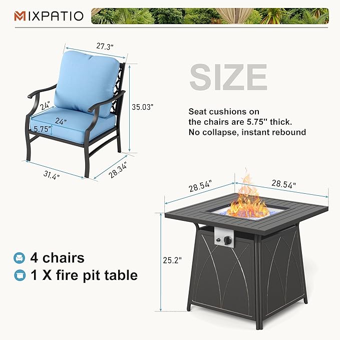 Patio Furniture Set with Fire Pit Table, 5 Pcs Metal Outdoor Conversation Set, 4 Single Chairs with 5.75" Extra Thick Cushion and 28" Fire Pit Table for Backyard Deck, Blue