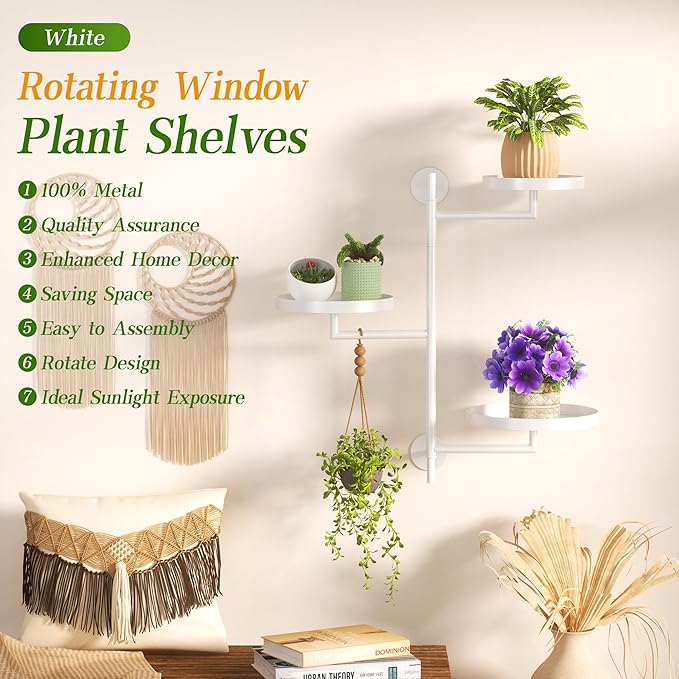 WIndow Rotating Plant Stand Shelf Indoor Black Metal Floating Shelves 3-Tier Wall Mount Plant Holders for Living Room Wall Planter Modern Home Decor for Gardening