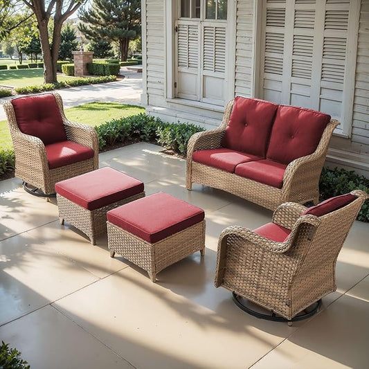 Outdoor Wicker Patio Furniture Set - 5 Piece Rattan Patio Conversation Set with 2 Rocking Swivel Chairs,2 Ottomans and 1 Loveseat for Porch Deck Backyard Garden(Yellow/Red)