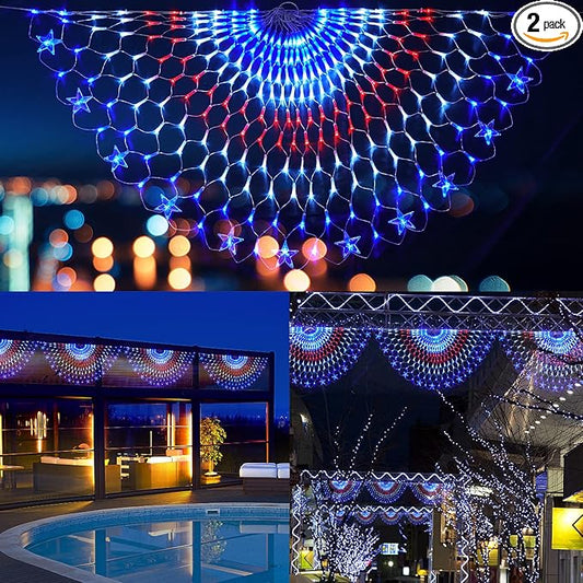 Family Patriotic American Flag String Lights - 250 LED Half Fan Shaped Outdoor Waterproof Lights, 4th of July Decorations, Independence Day, Memorial Day, USA 2pcs