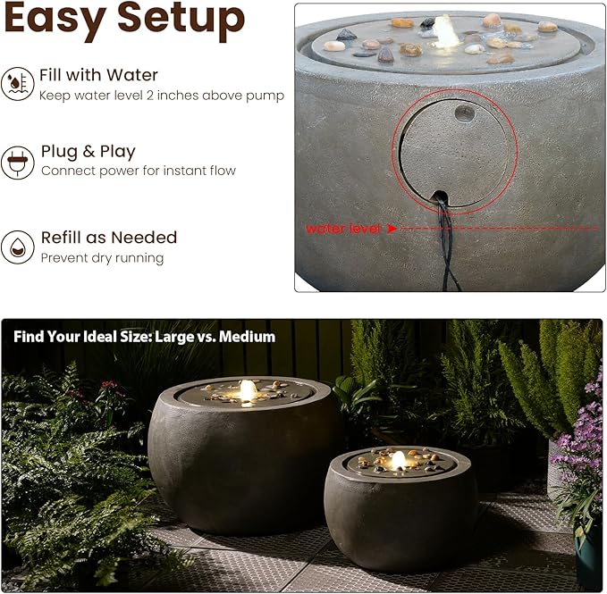 Garden Water Fountain Outdoor Large Round Bubbler Water Feature Indoor with Lights & Pump and Pebbles Concrete Effect for Patio Pool Pond Yard Home Decor Gray, 25 "L X 25" W X 17.5" H