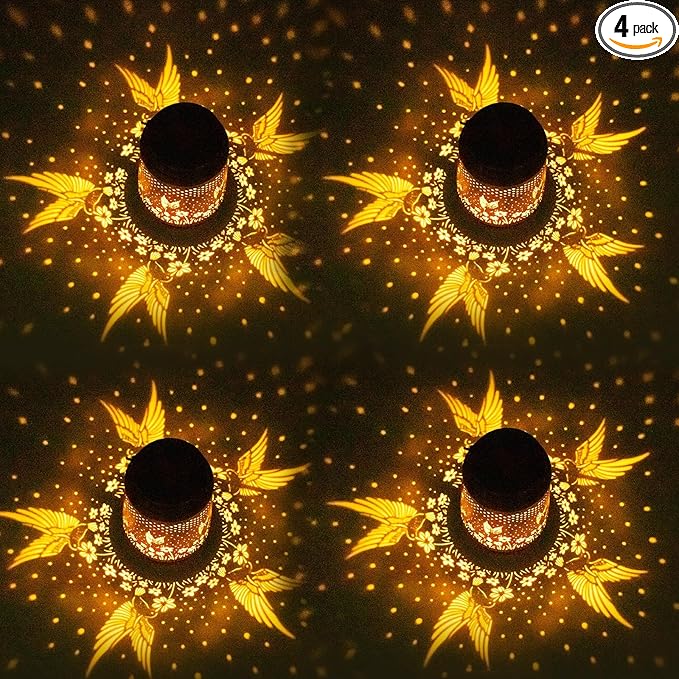 Mothers Day Gifts, 4 Packs Solar Lanterns Outdoor Hanging Lantern Lights, 4 Hummingbirds Hollowed-Out Metal Decor Lantern, Waterproof LED Decorative Garden Light Gifts