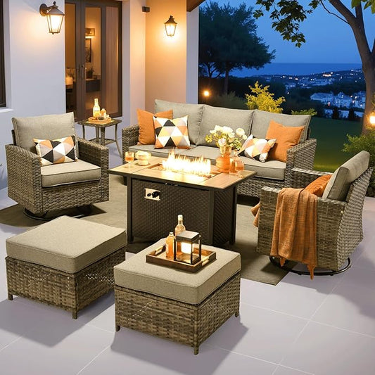 ovios 7 Pieces Patio Furniture Set with 42" Fire Pit Table, Outdoor Wicker Sofa with Swivel Chairs, All Weather High Back Rattan Couch Conversation Set, Dark Grey