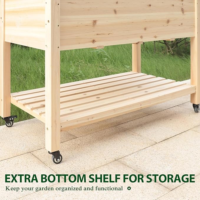 MUPATER 4x2FT Raised Garden Bed, Planter Box with Four Wheels and Legs for Herbs and Vegetables, Elevated Garden Bed with Drainage Holes for Outdoor Indoor, Natural Wood