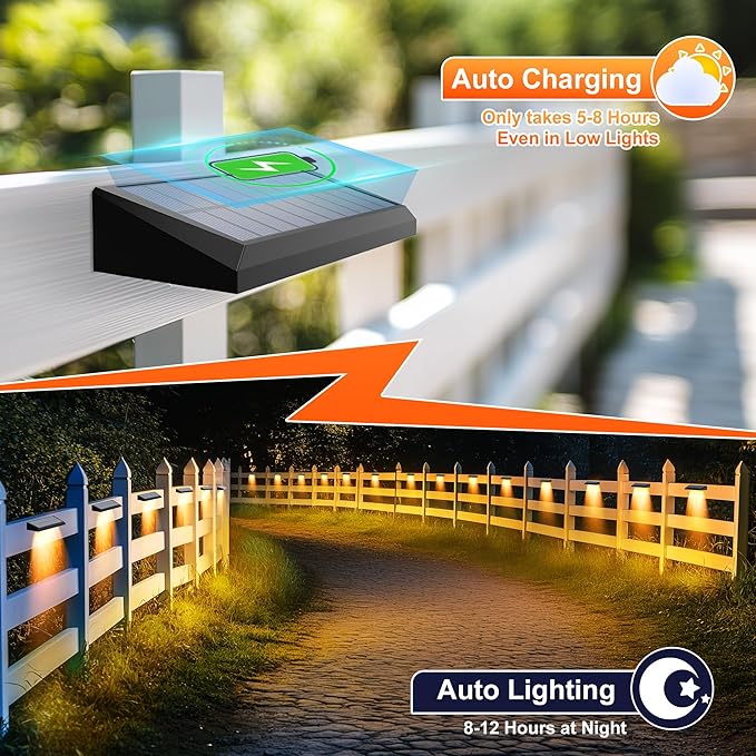 Solar Fence Lights Outdoor Waterproof IP65, 8 Pack Fence Lights Solar Powered 60 Lumens Auto On/Off Step Wall Lights Outside Decorations for Yard, Porch, Patio, Stairs, Pool, Deck, Garden- Warm Light