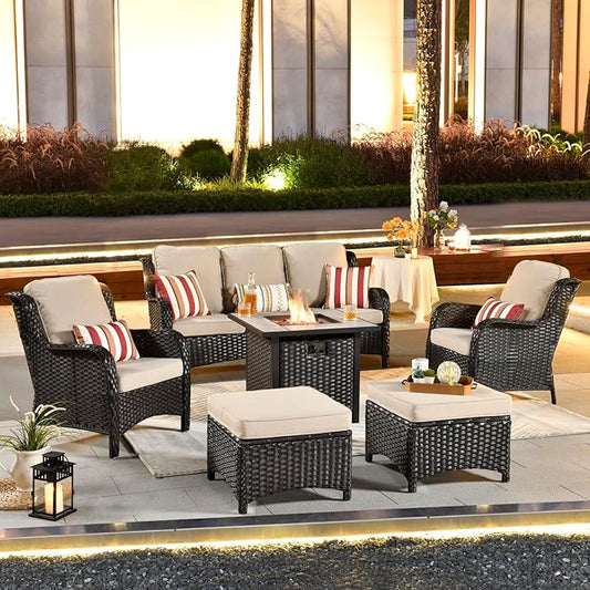ovios 6 Pieces Patio Furniture Set with 30" Fire Pit Table, Outdoor Wicker Sofa with Ottomans, Comfy Cushions, High Back Couch Conversation Set, Brown Rattan, Beige