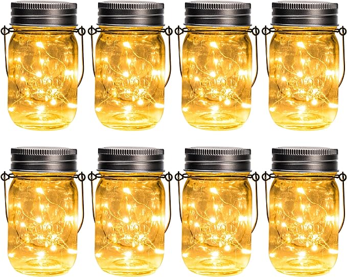 GIGALUMI Solar Mason Jar Lights, 8 Pack 30 Led String Fairy Lights Garden Lights Outdoor Waterproof Hanging Solar Lanterns for Outdoor, Garden, Patio, Lawn, Balcony Decoration