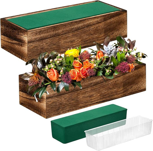 Dandat 4 Set Wood Boxes for Centerpieces Rectangle Wooden Planter Box Rustic Wood Planter with Removable Plastic Liner Floral Foam Blocks for Centerpieces Home Wedding Garden Decor (12x4 Inch)
