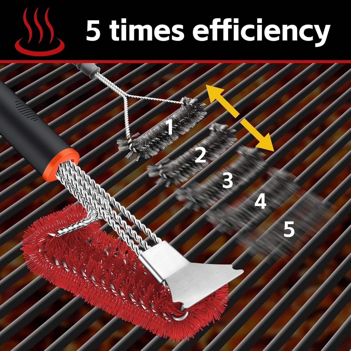 Grill Brush and Scraper, Safe Nylon Bristles Barbecue Triple Scrubbers Cleaning Brush for Cast Iron Grates/Porcelain/Weber Gas/Charcoal Grill，Extra Strong BBQ Cleaner Accessories (Red)